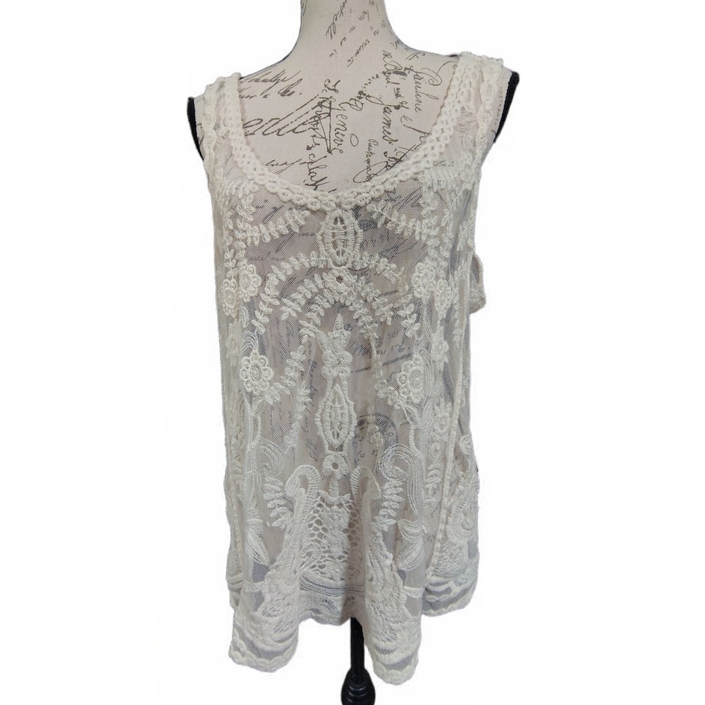 Gibson Womens Boho Cream Lace Mesh Crochet Sheer Tank Top L Cottagecore Capsule